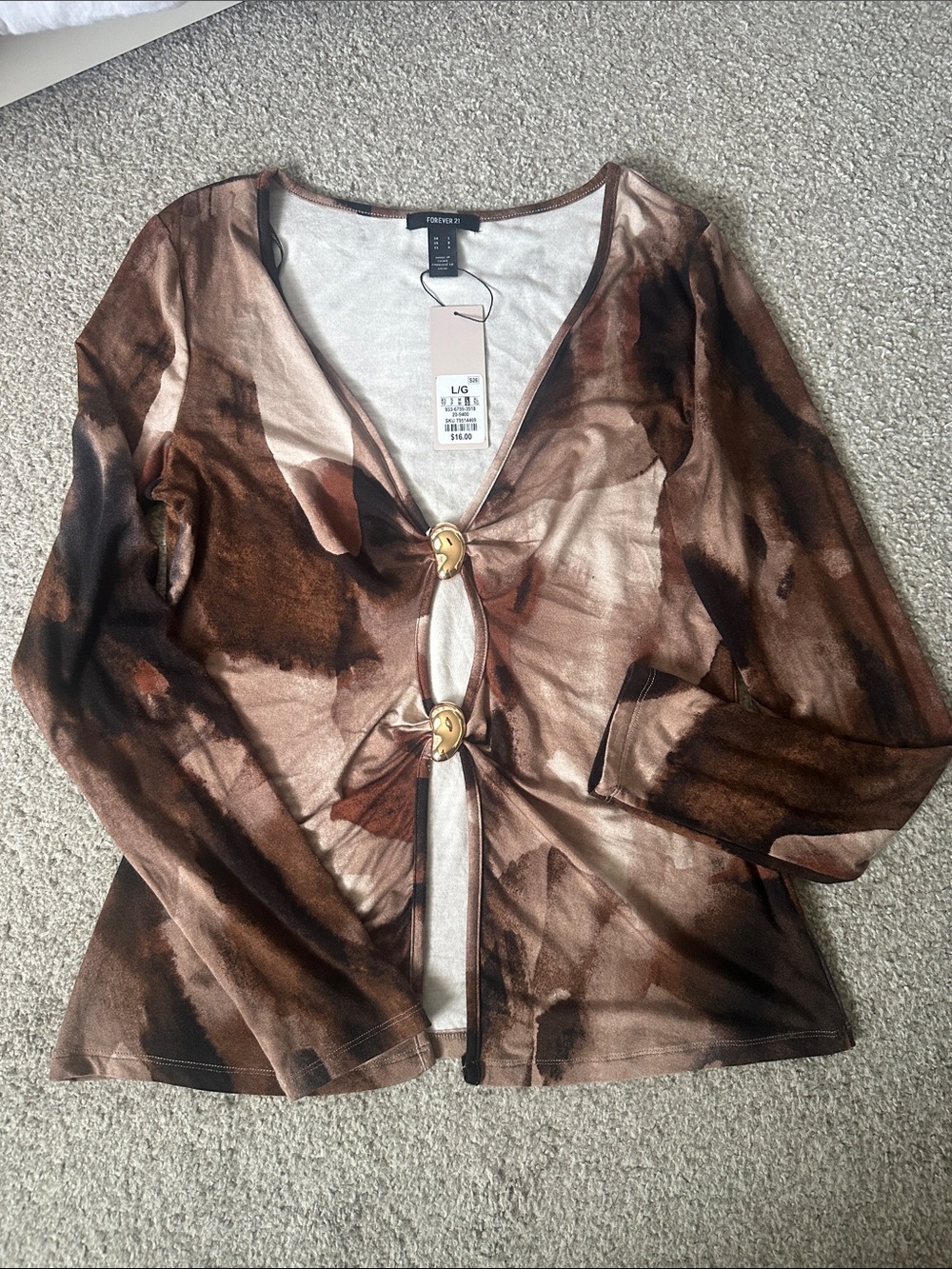 Forever 21 Brown and Cream Tie-Dye Long Sleeve Top with Decorative Rings